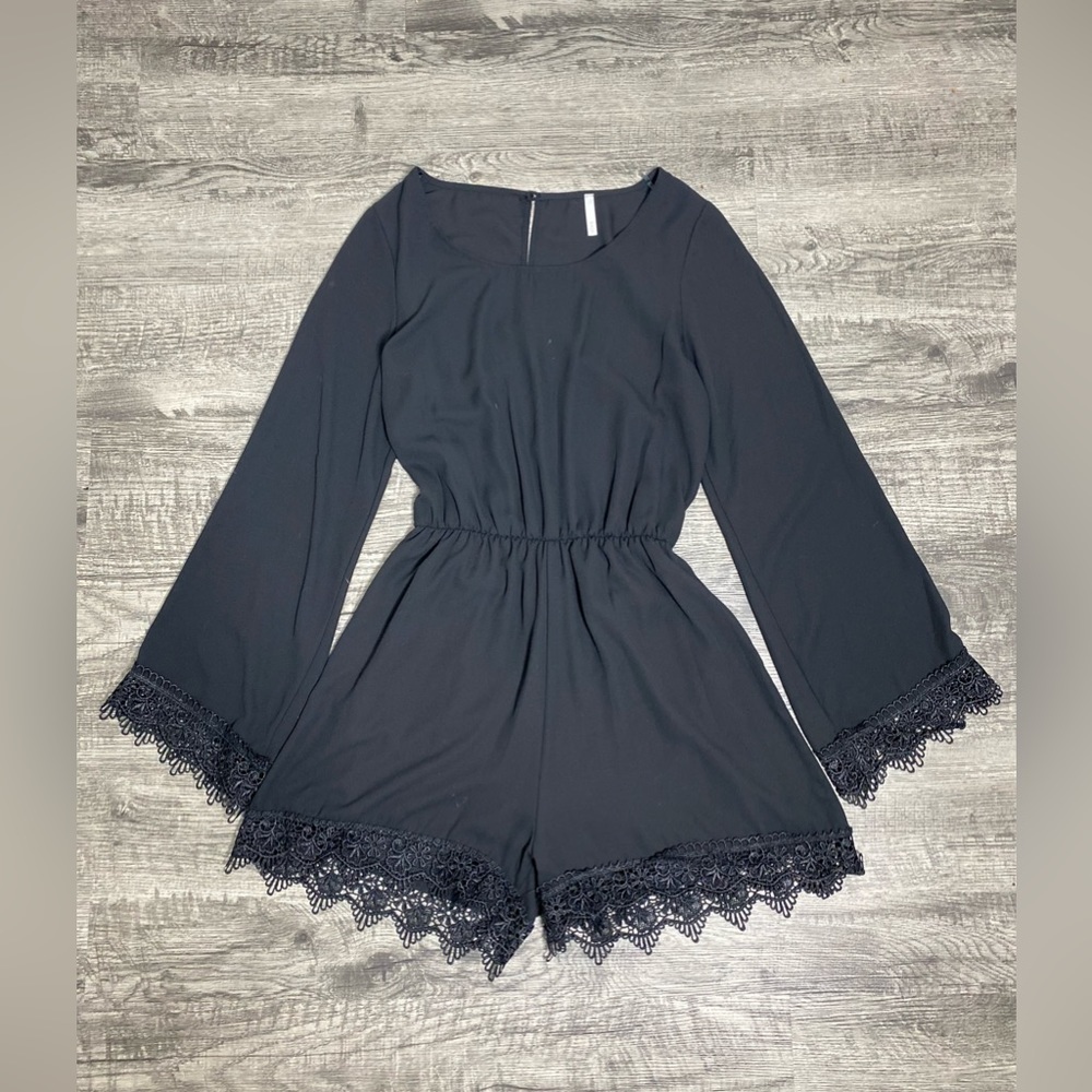 Medium Sage Black Silky Romper Jumpsuit w/ Lace Embroidery and Shorts